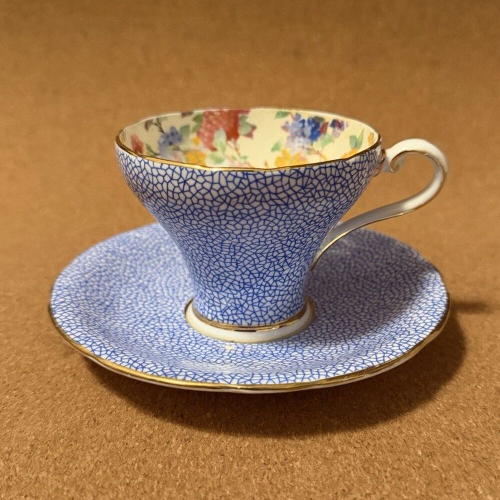 Aynsley Bone China Blue Crackle Floral England 2-Piece Coffee Cup & Saucer